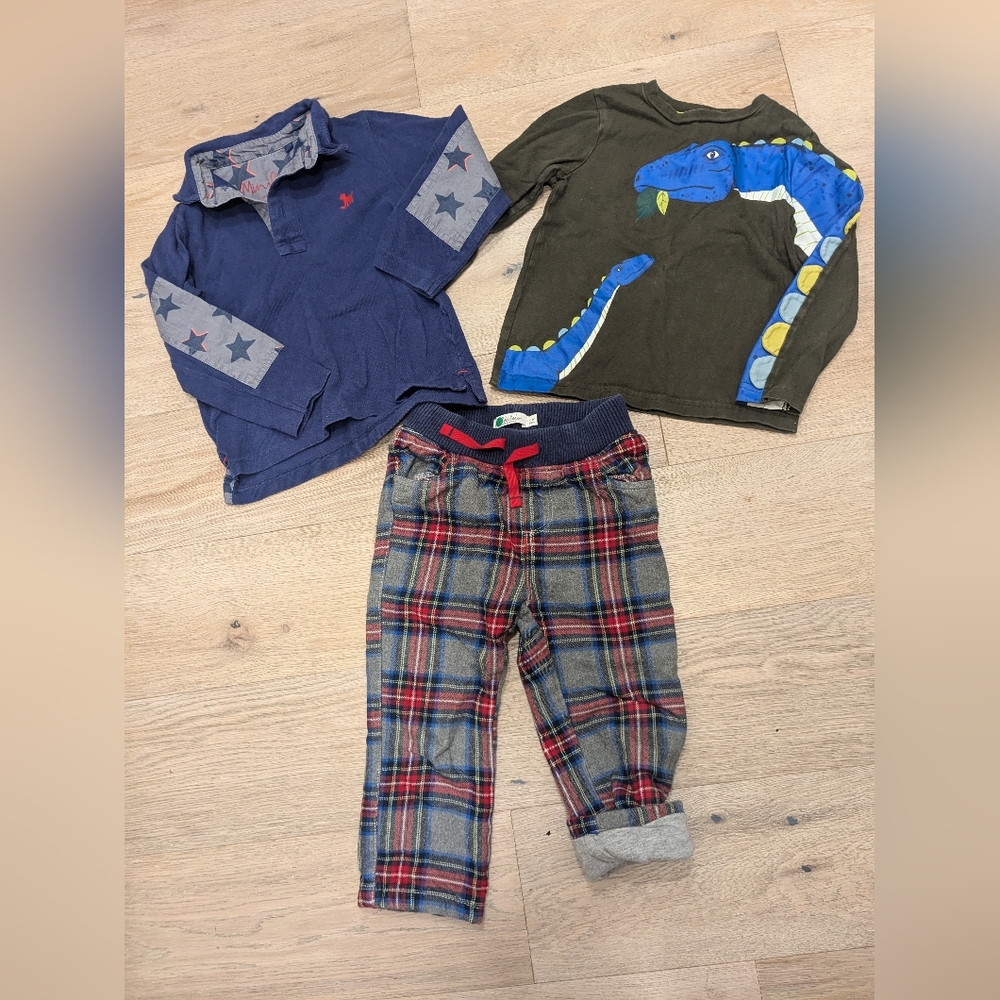 18-24, 2-3Y boys total 4 bundle Mini Boden Shirts and winter pants fox star dino